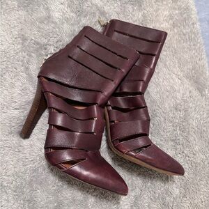 Rebecca Minkoff Chic Maroon Strappy Heeled Boots Wood heel 9